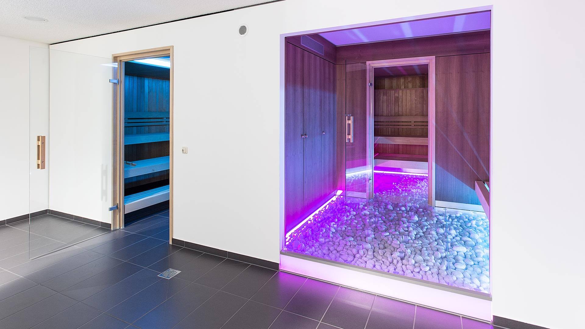 Colorfully illuminated sauna rooms